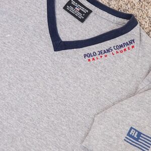 Vintage Polo Jeans Co Ralph Lauren Cotton V-Neck T-Shirt Gray Size S Y2K Sporty